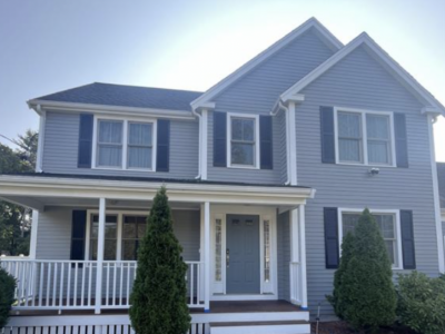 Gray Home with dark shutters